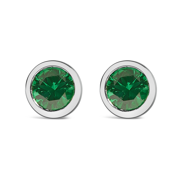 .925 Sterling Silver 6MM Bezel Set Created Green Emerald Solitaire Stud